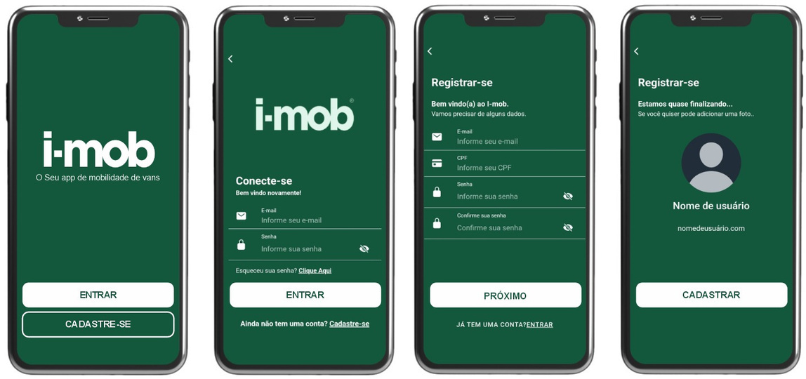Telas de boas-vindas, login e cadastro do i-mob